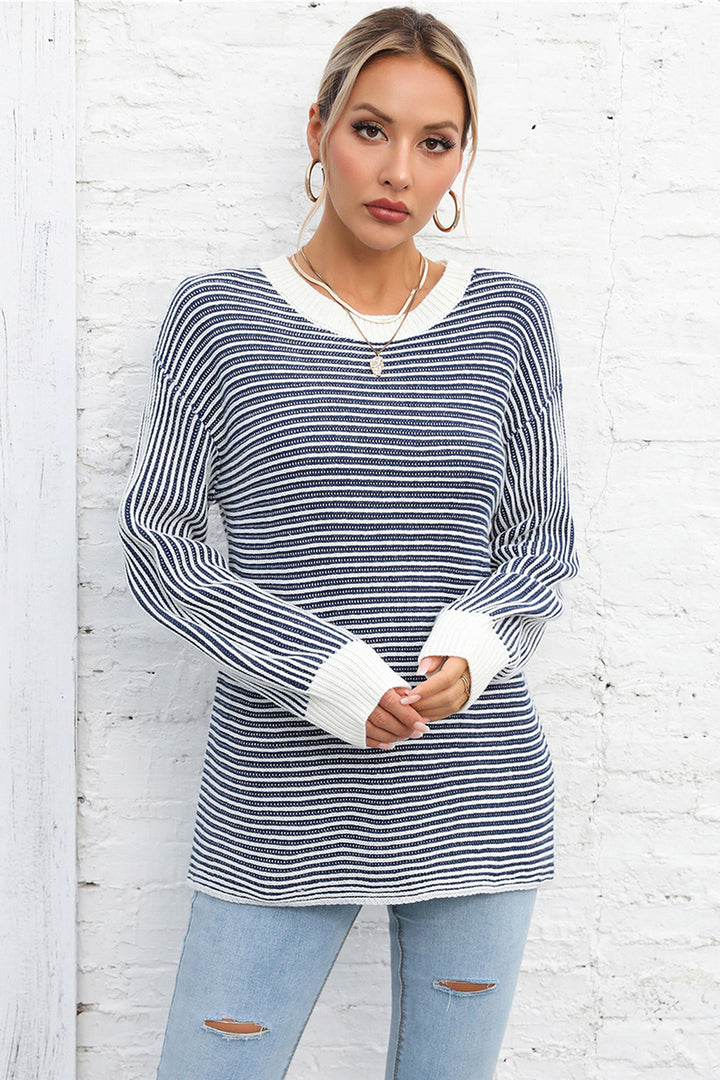 Dusty  Blue Striped drop-shoulder knit top with ribbed contrast trim