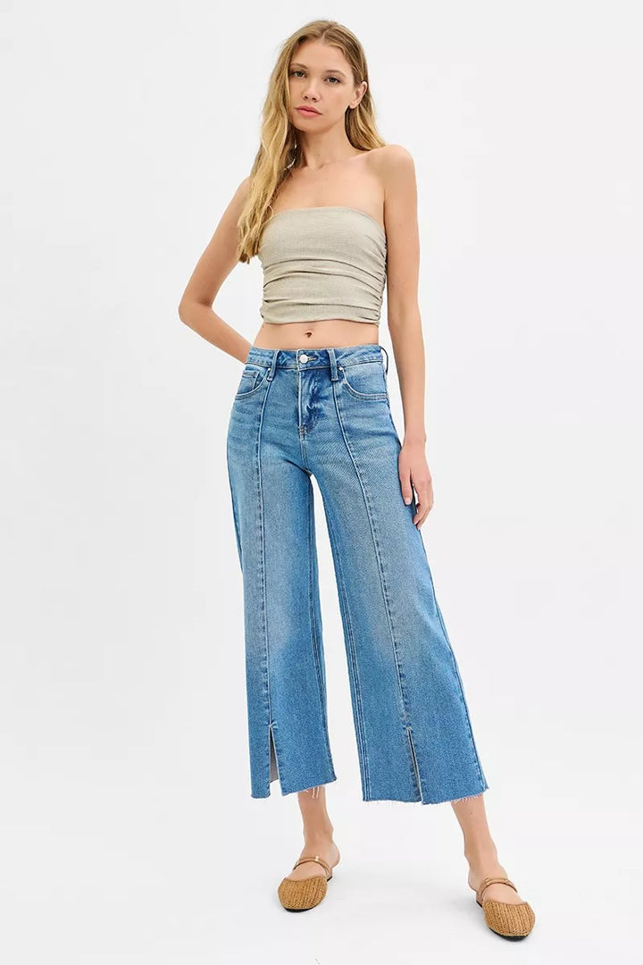 Mid-rise wide-leg crop jeans with raw hem and front slit