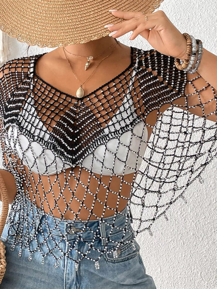 Beaded crochet v-neck open-weave cover-up