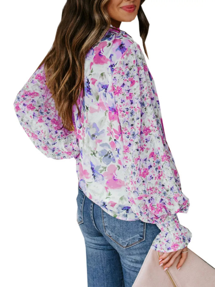 Floral print V-neck button-down blouse with smocked cuffs
