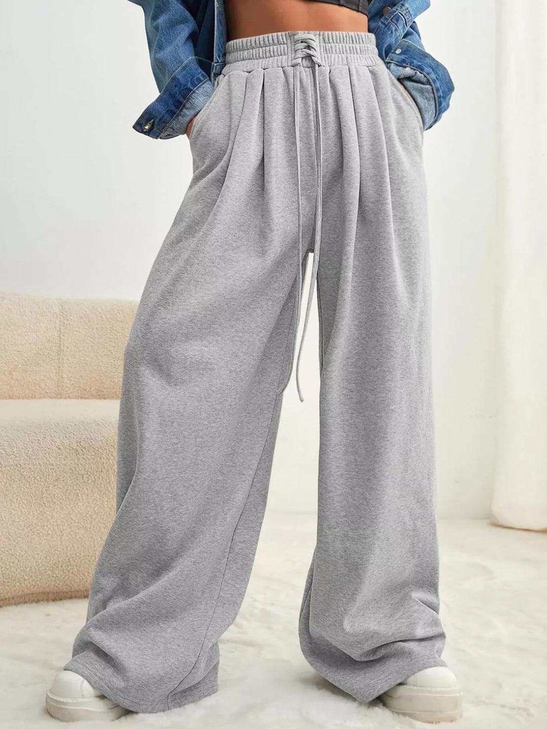 Light Gray Pleated wide-leg drawstring pants with elastic waist