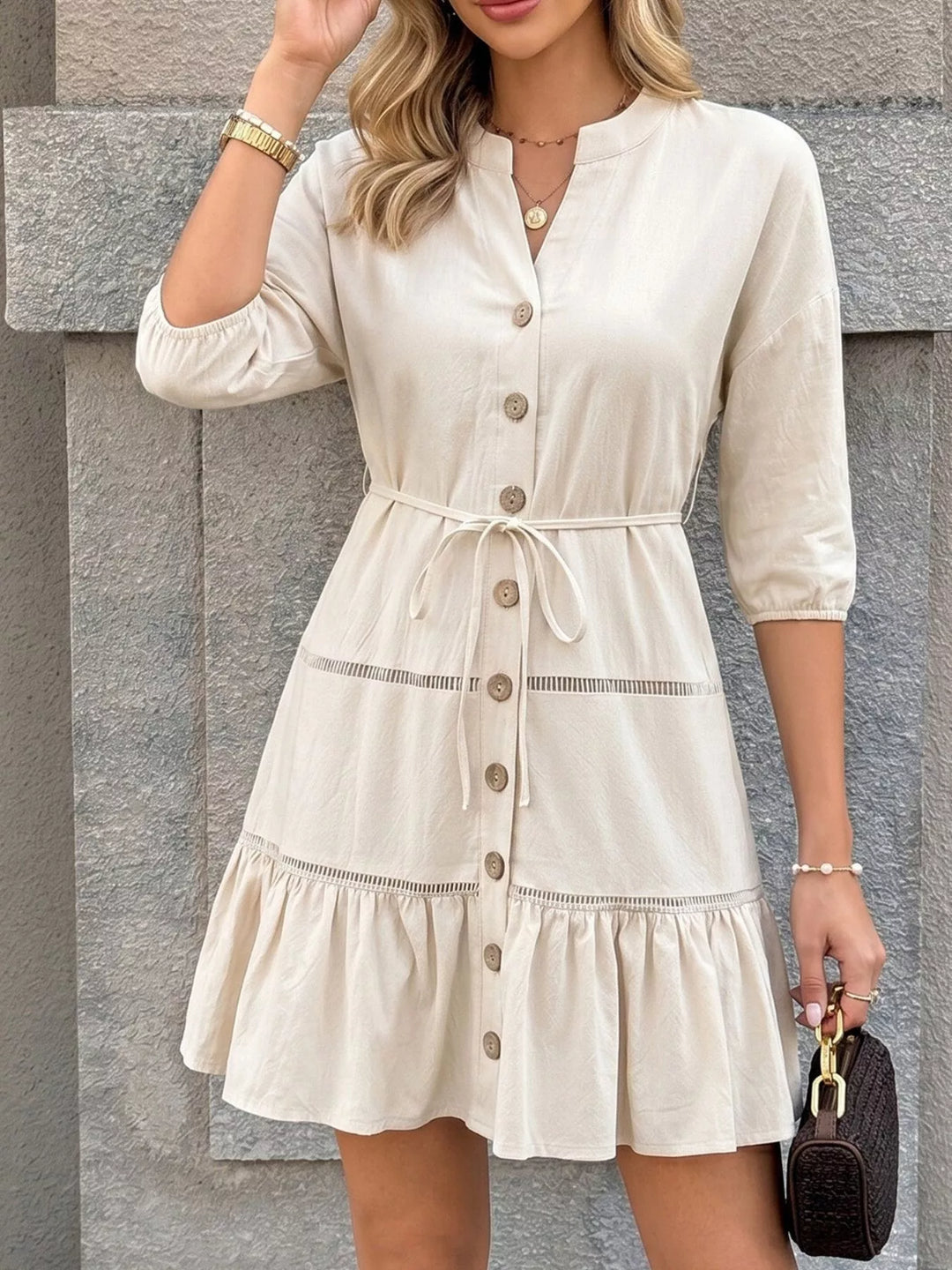 Button-front ruffle hem mini dress with tie waist