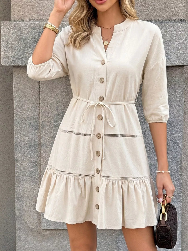 Button-front ruffle hem mini dress with tie waist