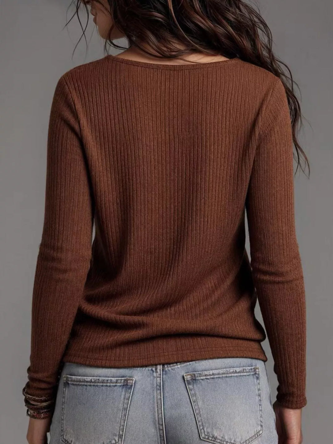 Draped cowl neck ribbed knit long sleeve top