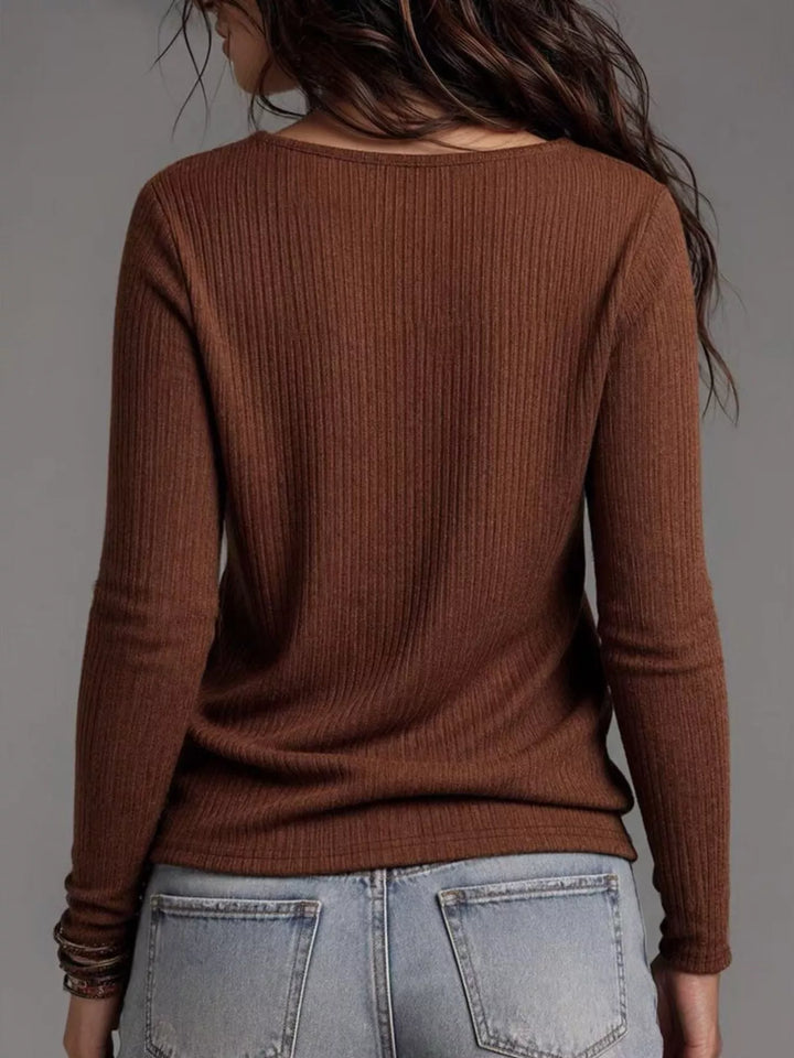 Draped cowl neck ribbed knit long sleeve top
