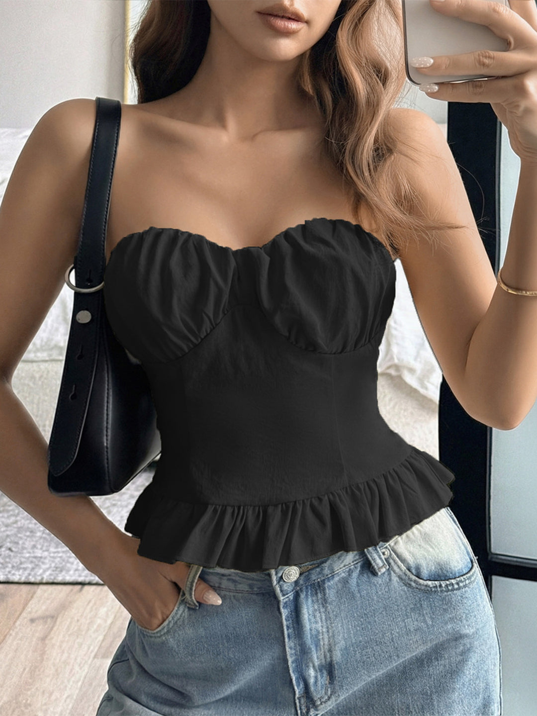 Black Ruched sweetheart tube top with ruffle peplum hem