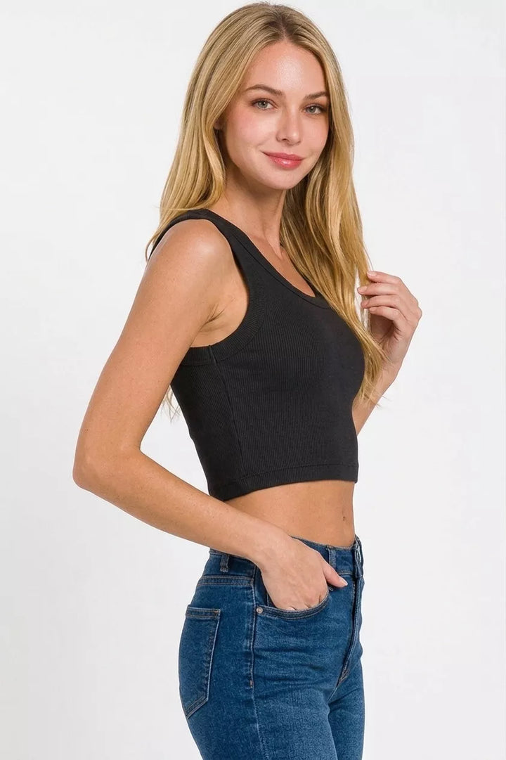 Fitted ribbed scoop neck cropped tank top