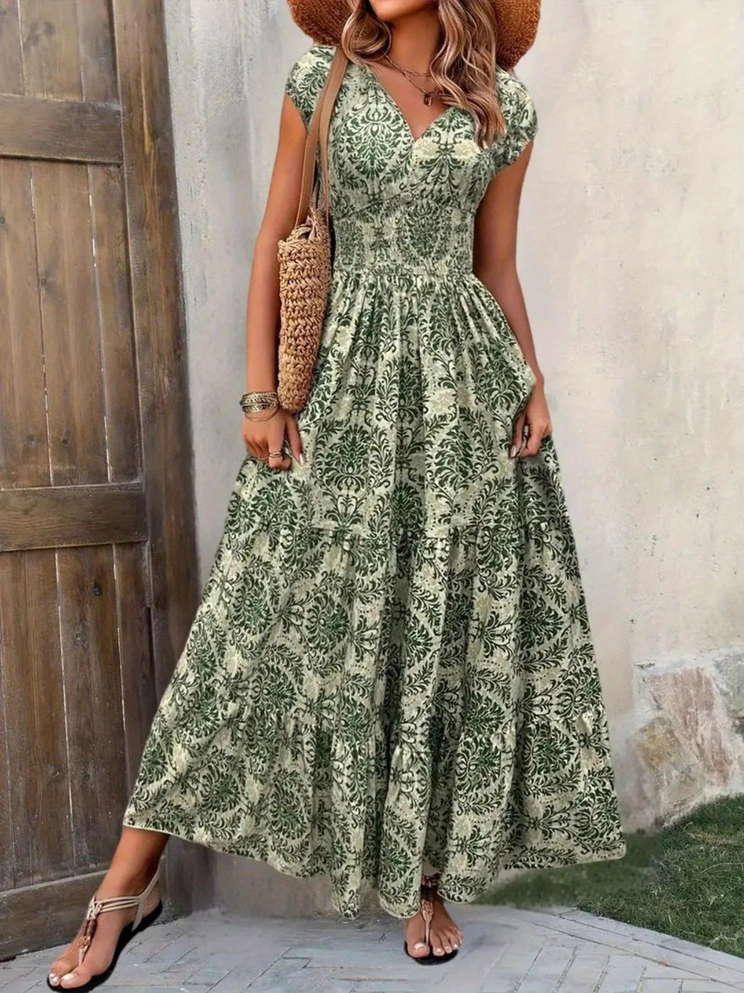 Green Flower Smocked tiered maxi dress with cap sleeves and side slit