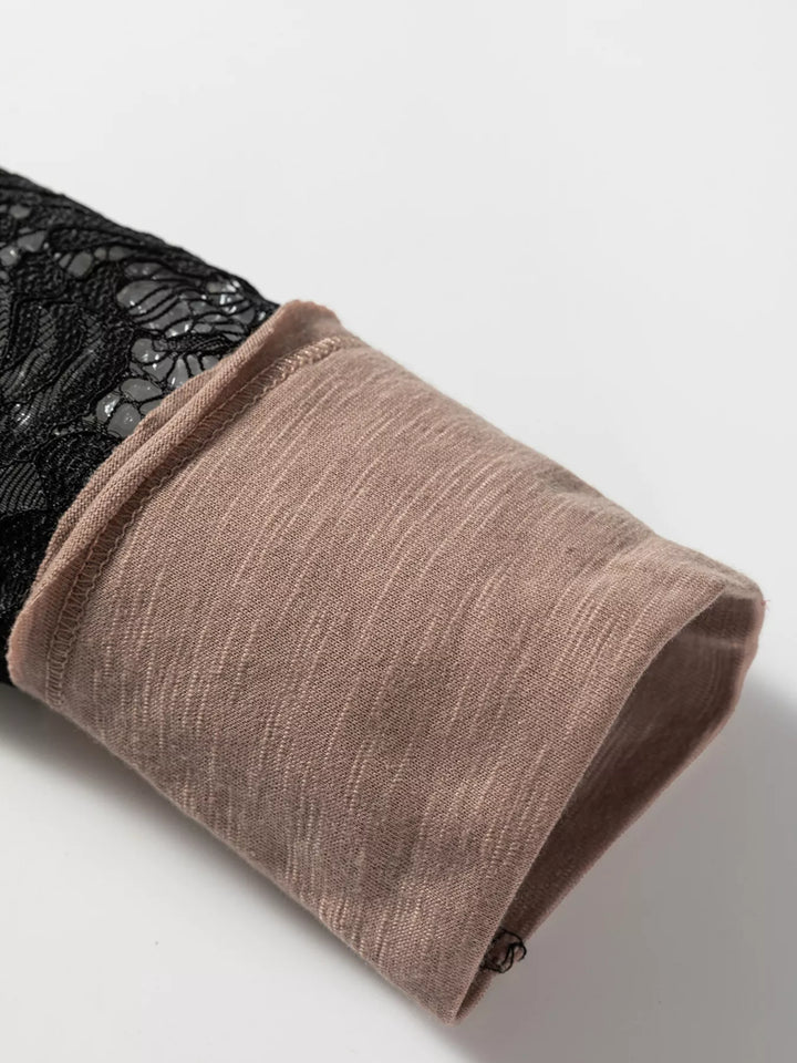 Lace-panel long sleeve tee with exposed seams