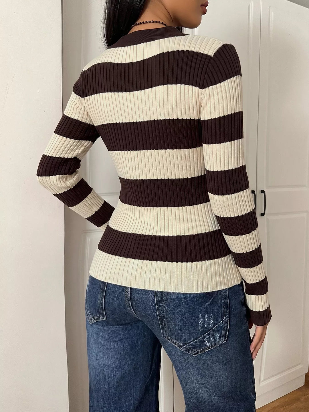 Striped ribbed knit polo collar long sleeve top