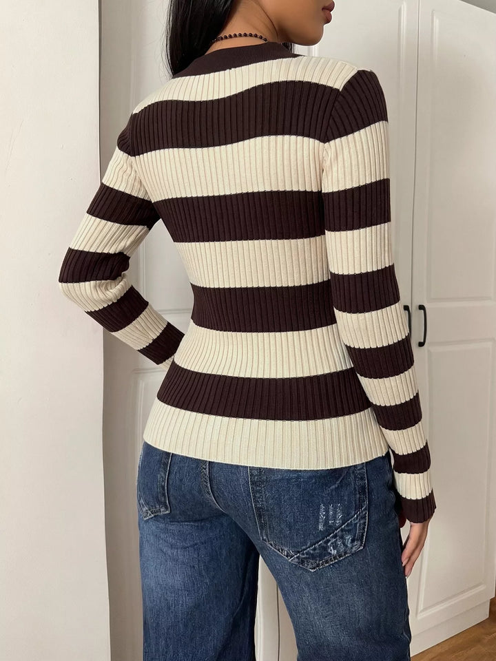 Striped ribbed knit polo collar long sleeve top