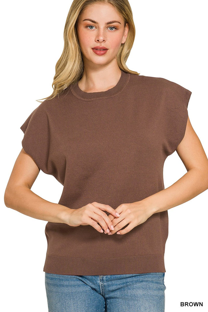BROWN Boxy short sleeve knit sweater top with ribbed trim