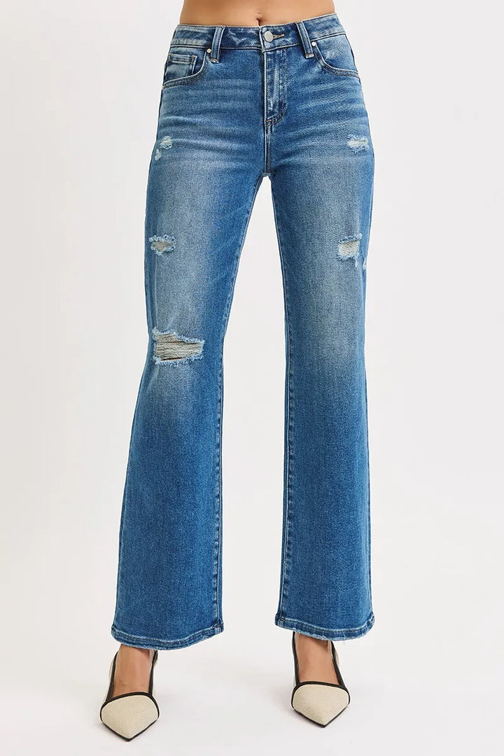 MEDIUM Distressed high-rise straight-leg ankle jeans