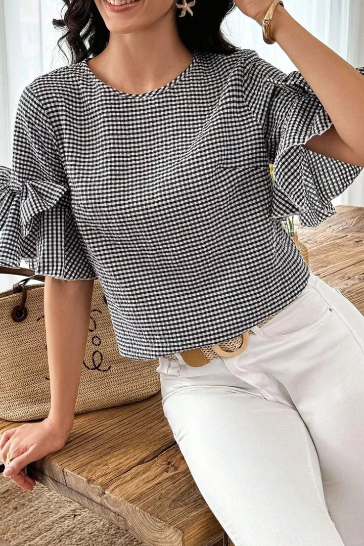 Black Gingham ruffle half-sleeve crew neck blouse