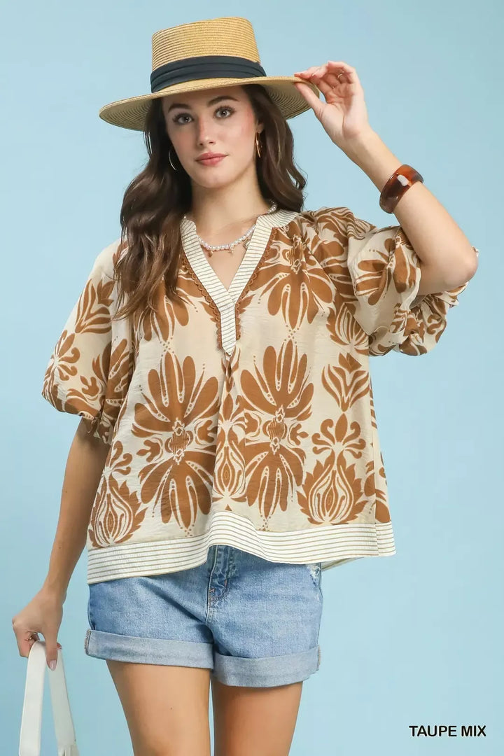 TAUPE MIX Puff sleeve top in mixed botanical print with striped trim