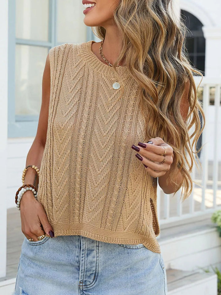 Cable knit sleeveless sweater vest with side slits