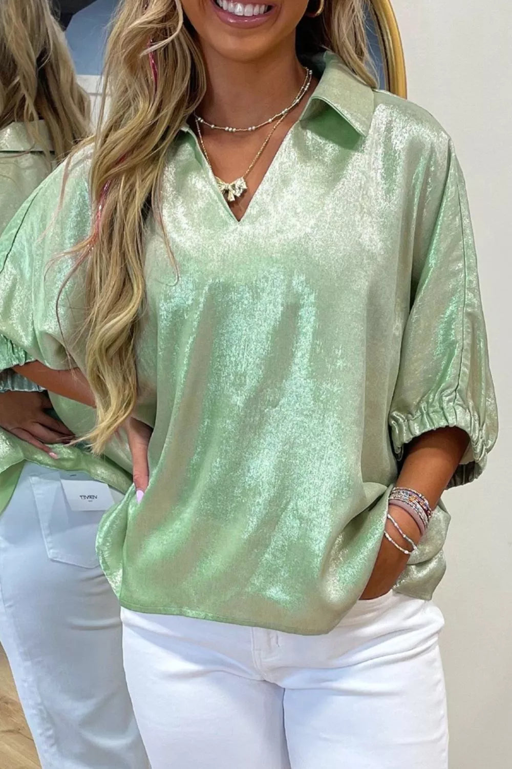 Gum Leaf Metallic sheen johnny collar blouse with 3/4 puff sleeves