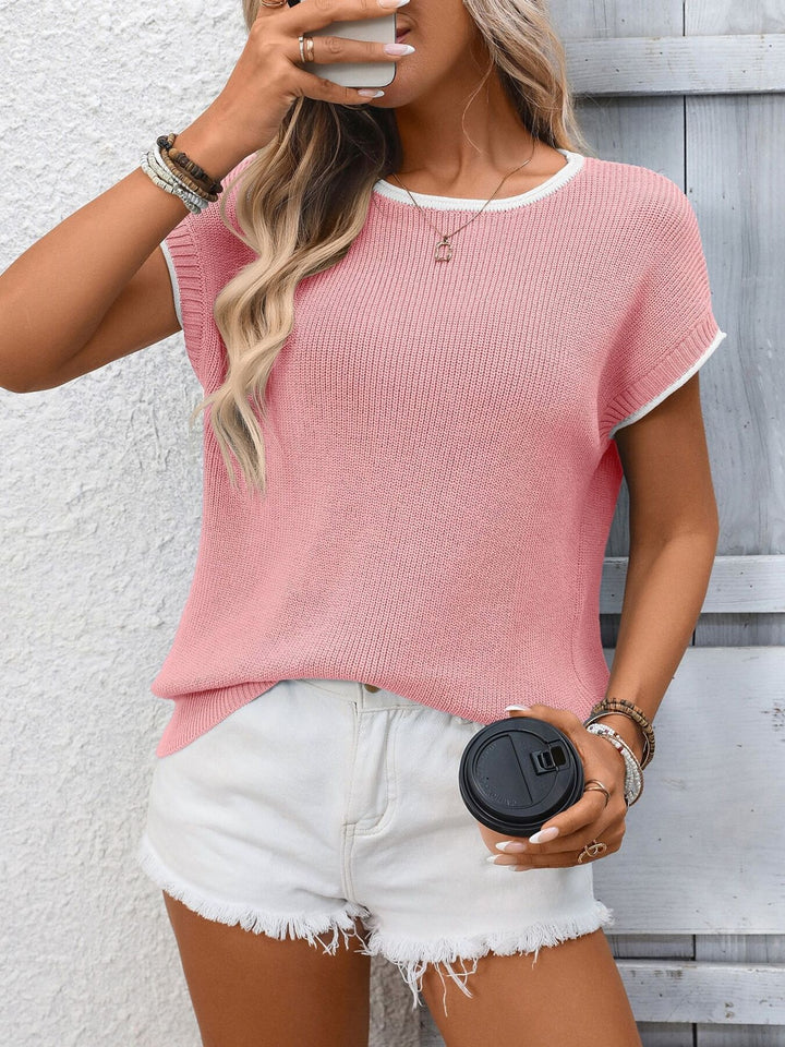 Ribbed contrast trim short sleeve sweater top