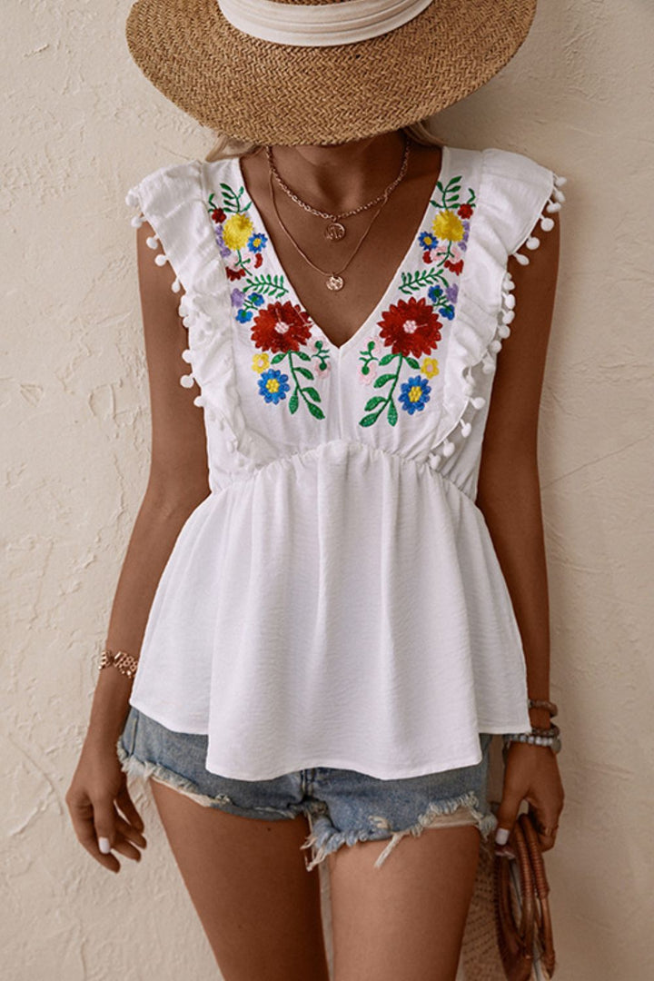 White Embroidered floral babydoll top with pom-pom trim