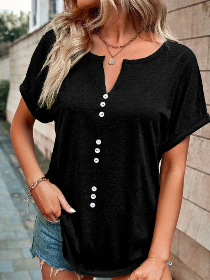 Decorative button-front notch neck short sleeve tee