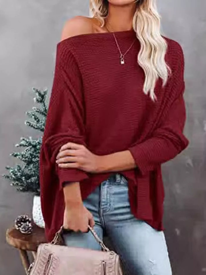 Burgundy Oversized waffle-knit boat neck long sleeve top
