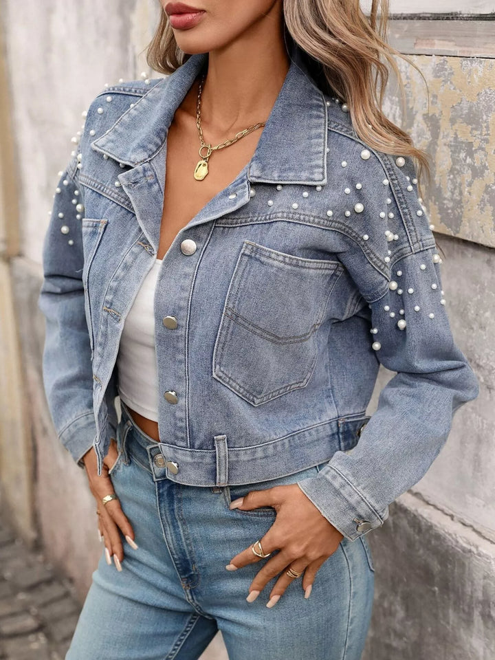 Light Blue Pearl-embellished cropped denim jacket with patch pockets