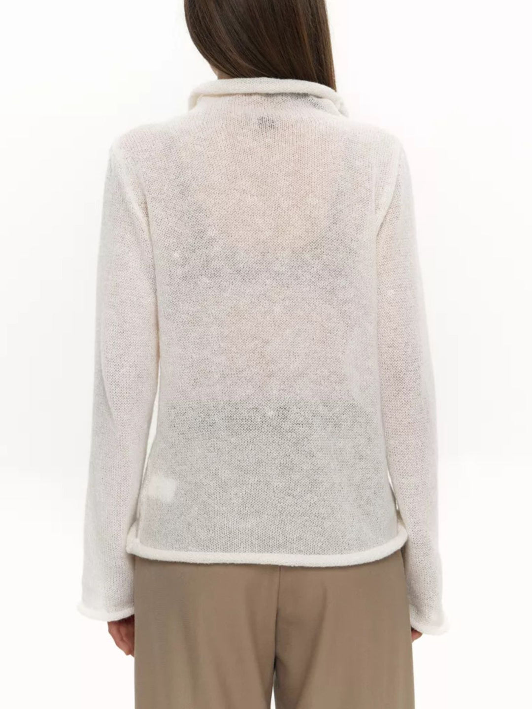 Sheer open-knit mock neck sweater with long sleeves