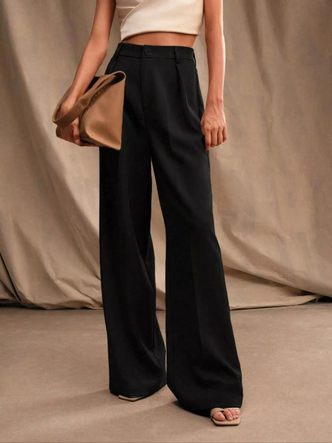 Black Pleated high-waisted wide-leg dress trousers