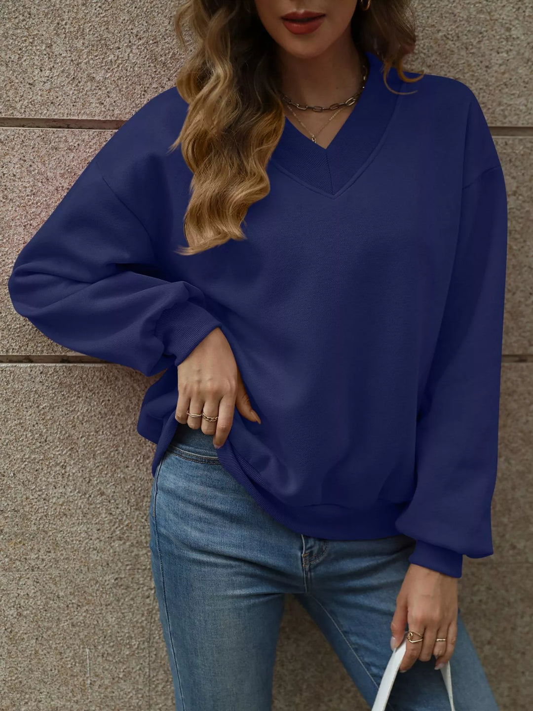 Dark Blue V-neck drop-shoulder pullover sweatshirt with ribbed trim