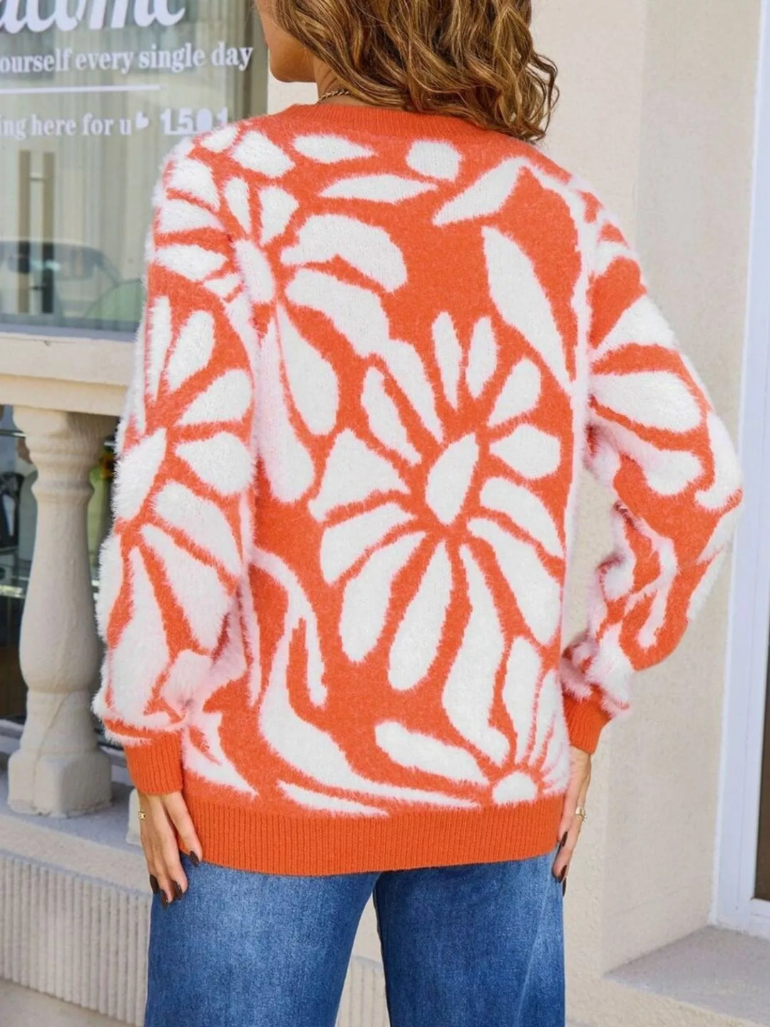 Fuzzy floral knit crew neck pullover sweater