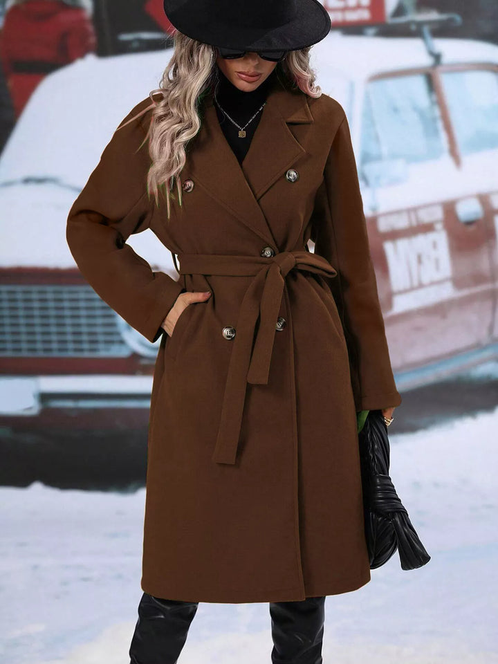 Double-breasted belted longline overcoat with lapel collar