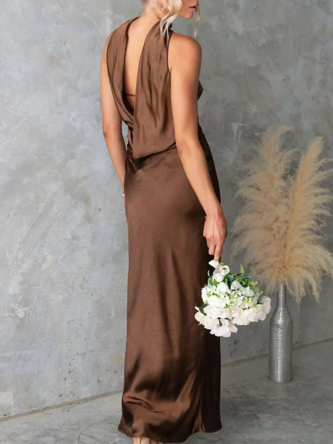 Strapless satin maxi dress with neck scarf tie