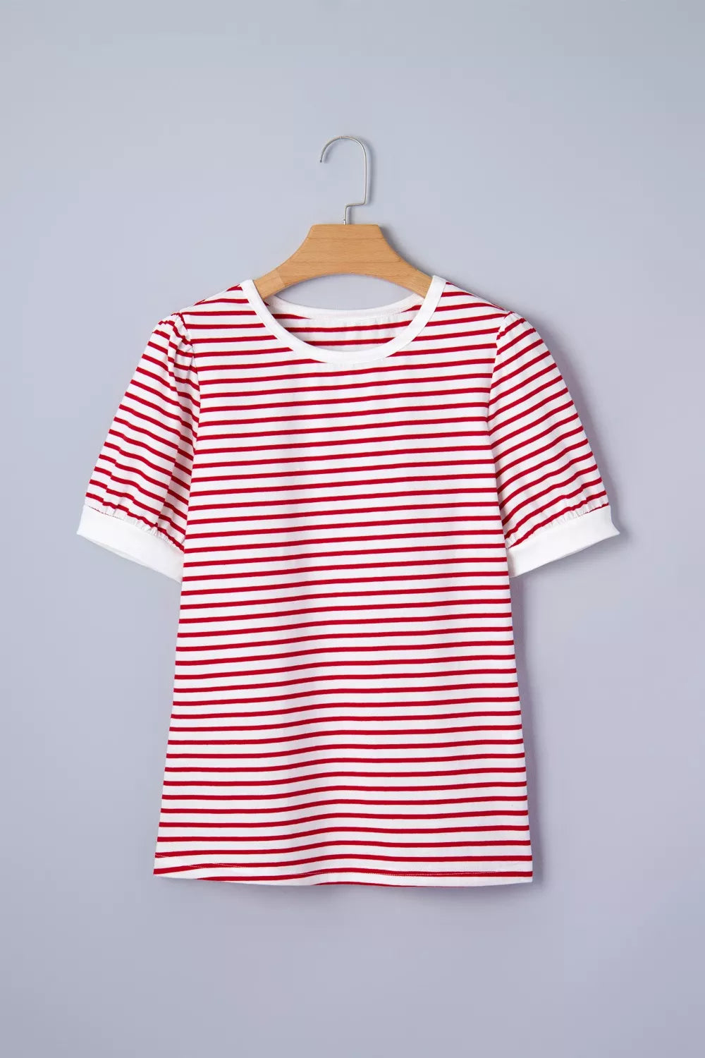 Striped contrast-trim crew neck puff sleeve tee