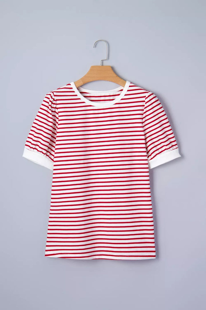 Striped contrast-trim crew neck puff sleeve tee