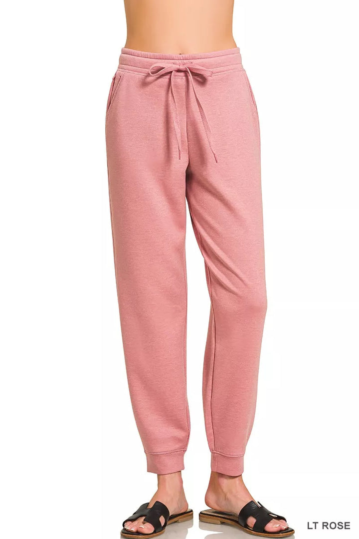 Pink Scuba drawstring jogger pants with ribbed ankle cuffs