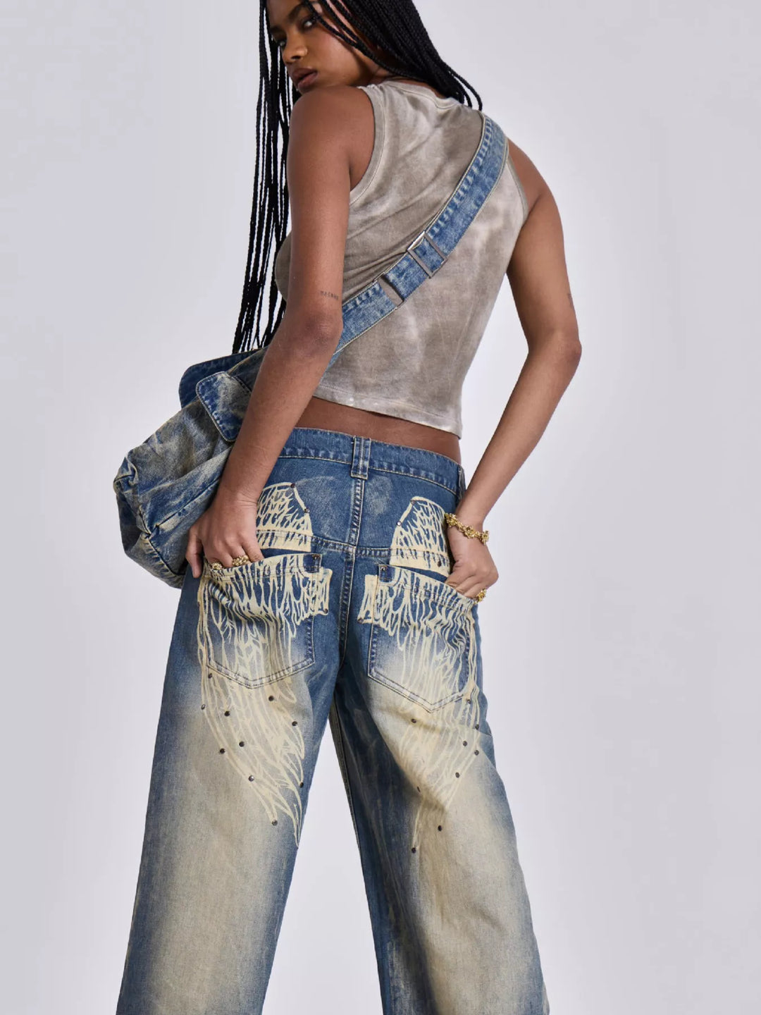Vintage wash mid-rise wide leg jeans with panel seams