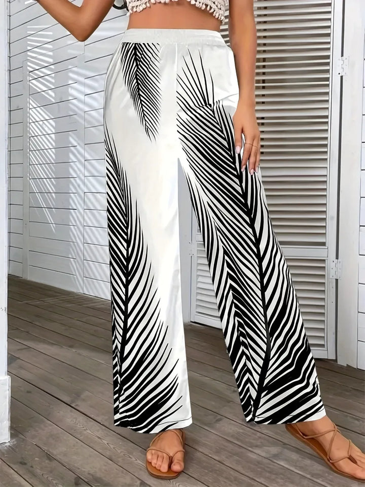 Tropical palm print wide leg pants with elastic waist