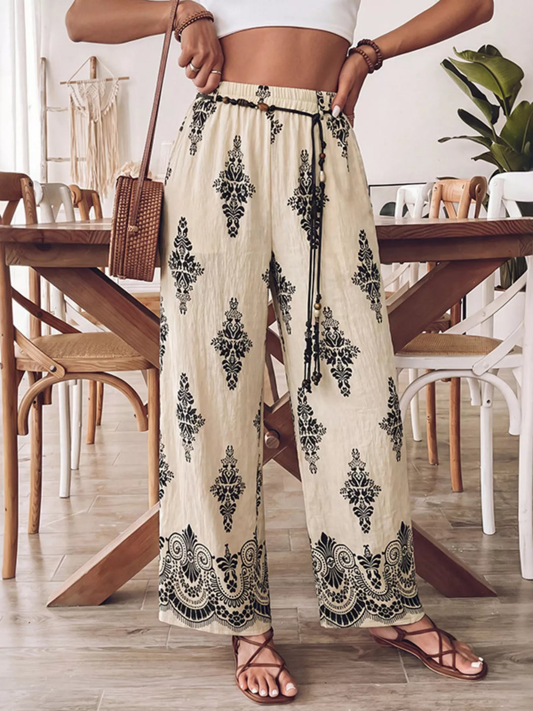 Boho medallion print wide-leg drawstring pants