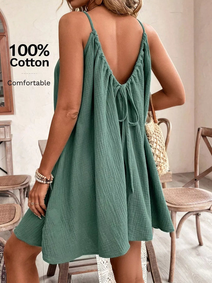 Backless crinkle spaghetti strap mini dress