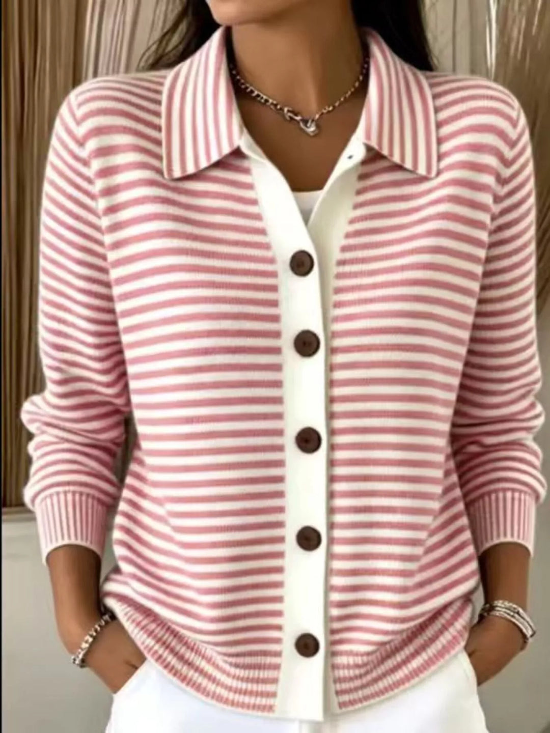 Pink Striped button-down knit cardigan with pointed collar