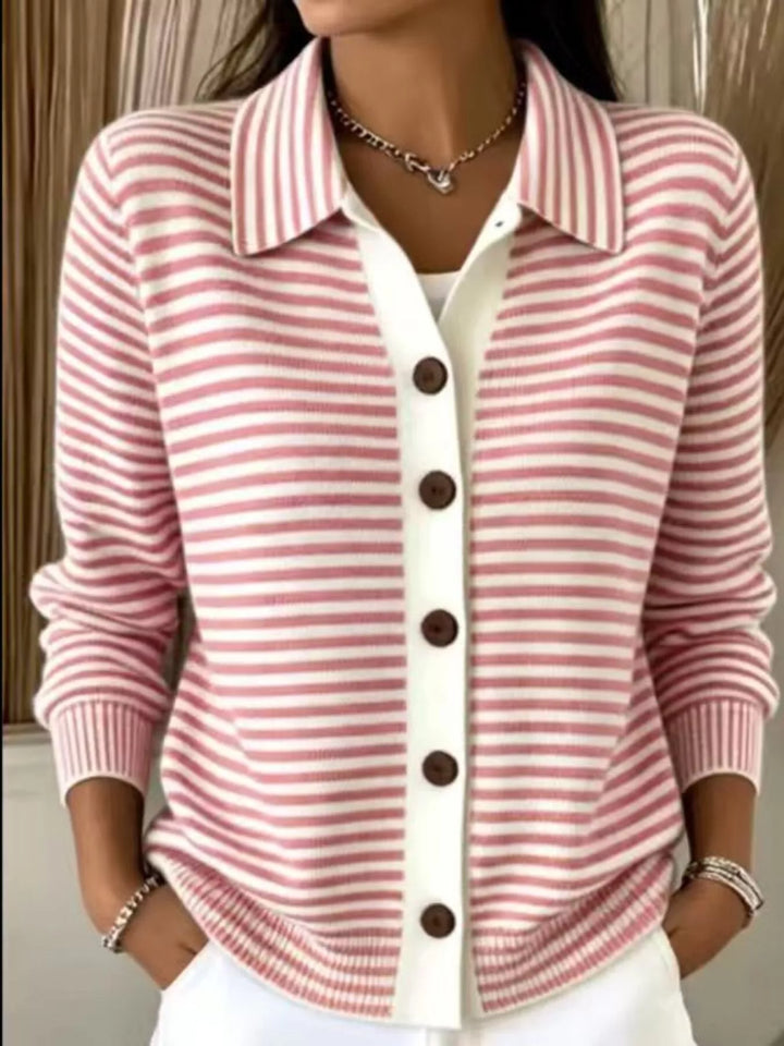 Pink Striped button-down knit cardigan with pointed collar