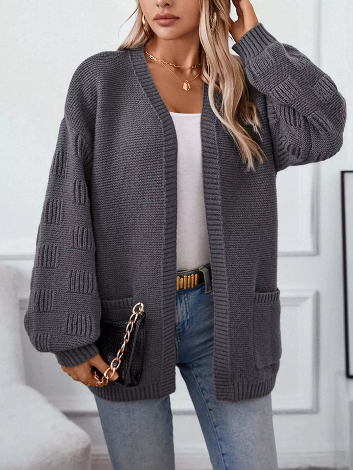 Textured basketweave knit open-front cardigan with pockets