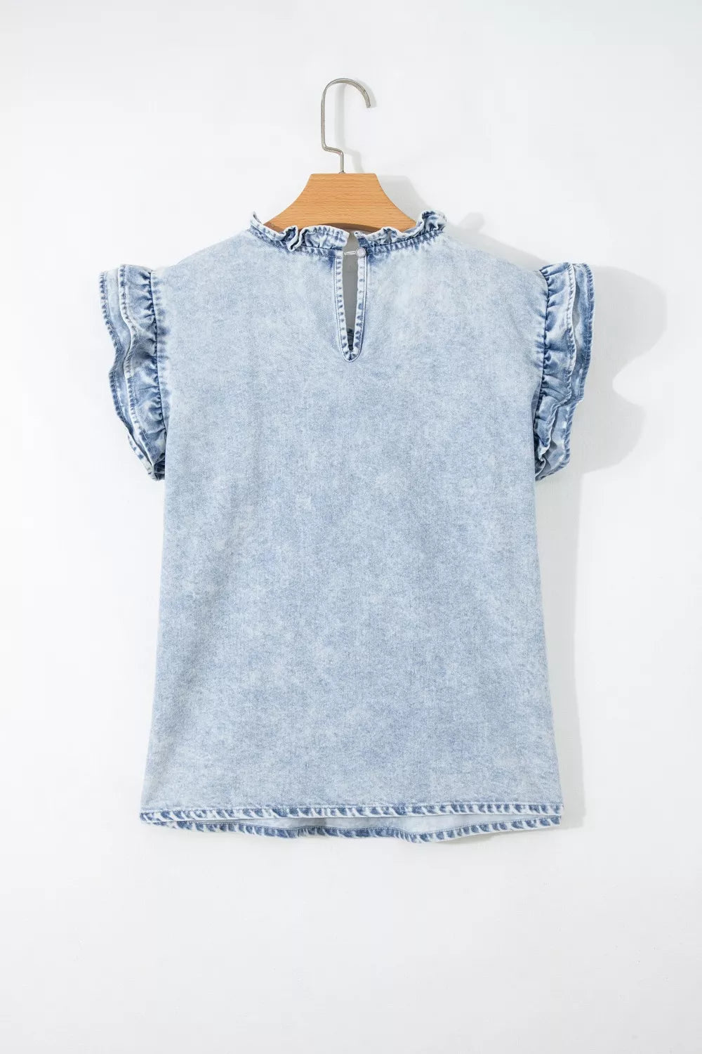 Pintuck pleated denim top with ruffle cap sleeves