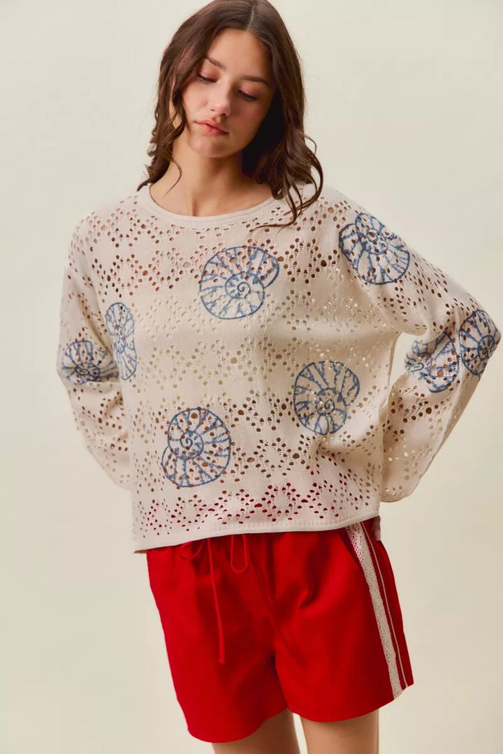Cream/Blue Seashell motif openwork knit long sleeve top