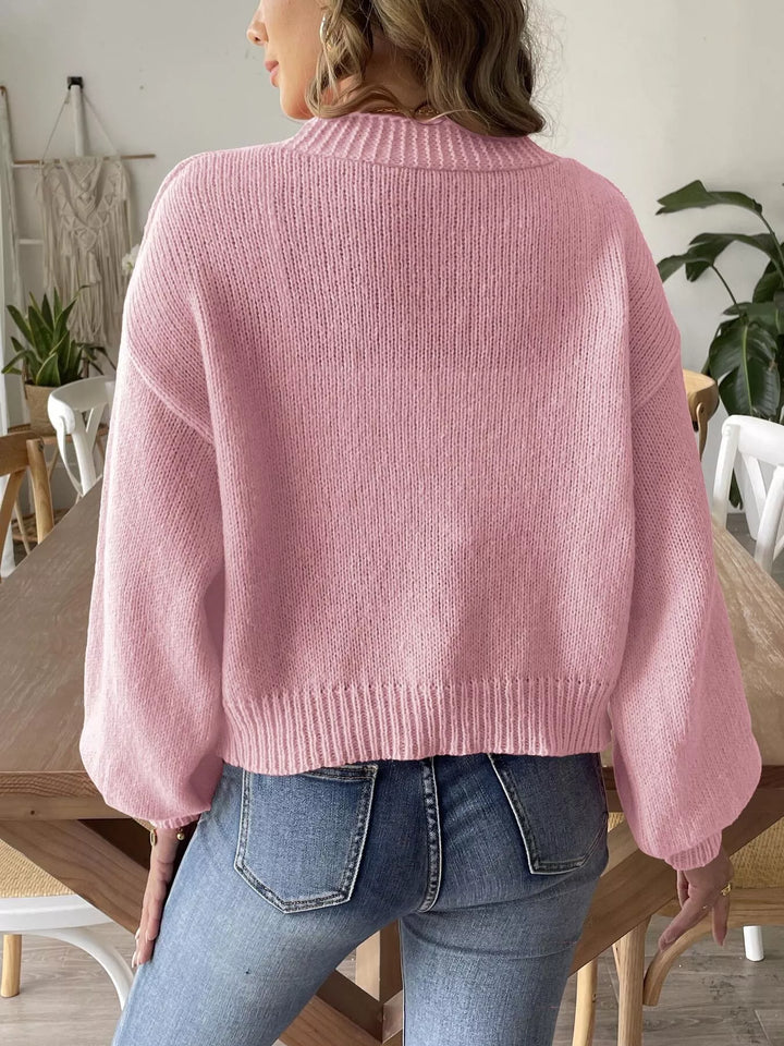 Floral applique open front knit cardigan with ribbed trim