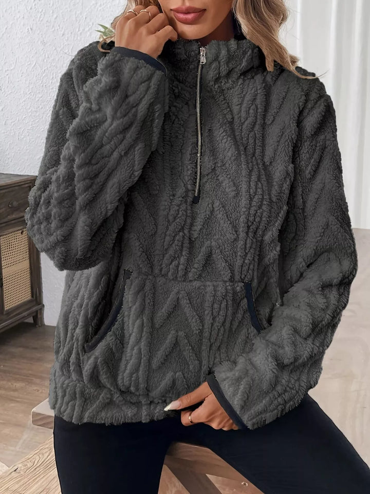 Textured fleece half-zip pullover with kangaroo pocket