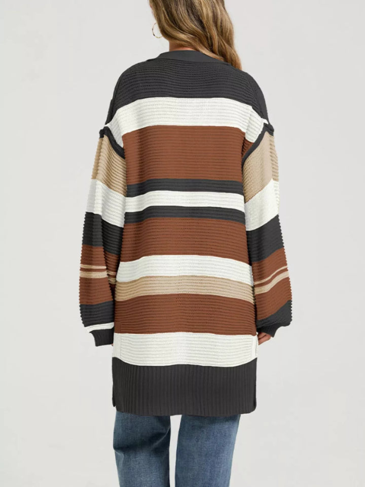 Striped color block open front longline cardigan
