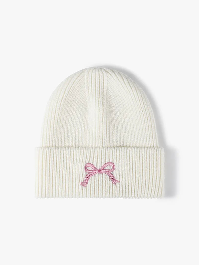 White Embroidered bow ribbed knit cuffed beanie hat