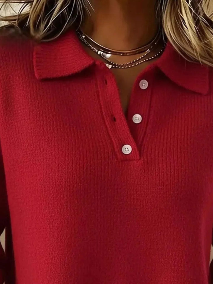 Dropped shoulder polo collar button knit sweater