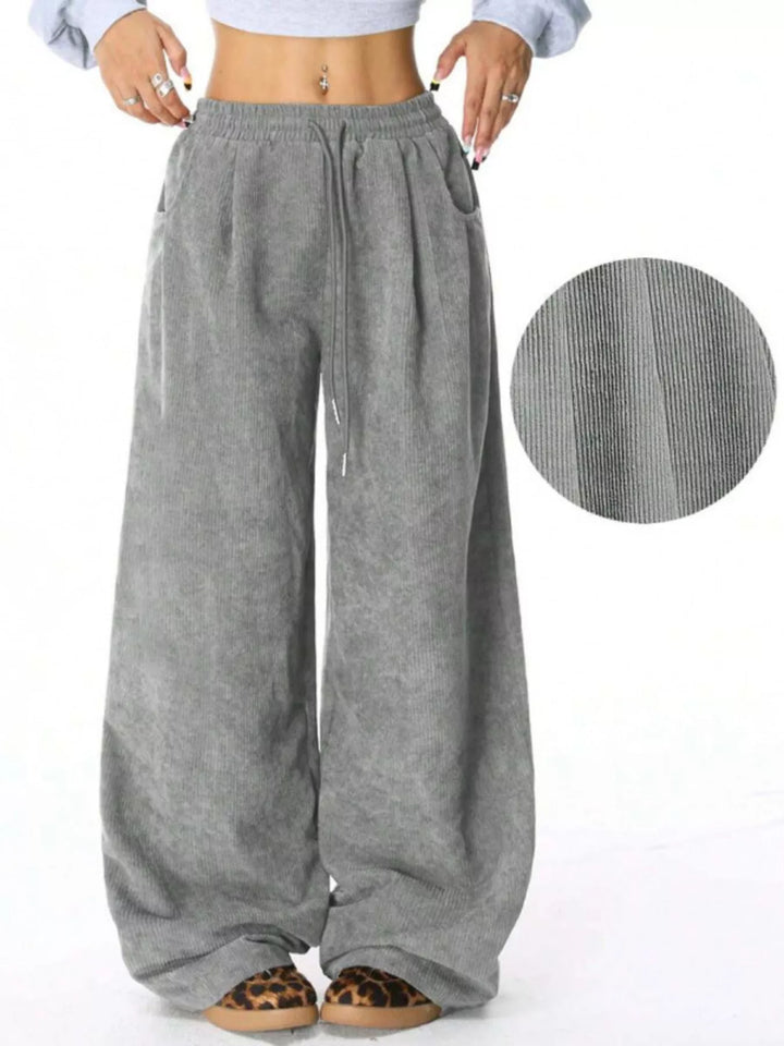 Corduroy wide-leg pants with drawstring waist